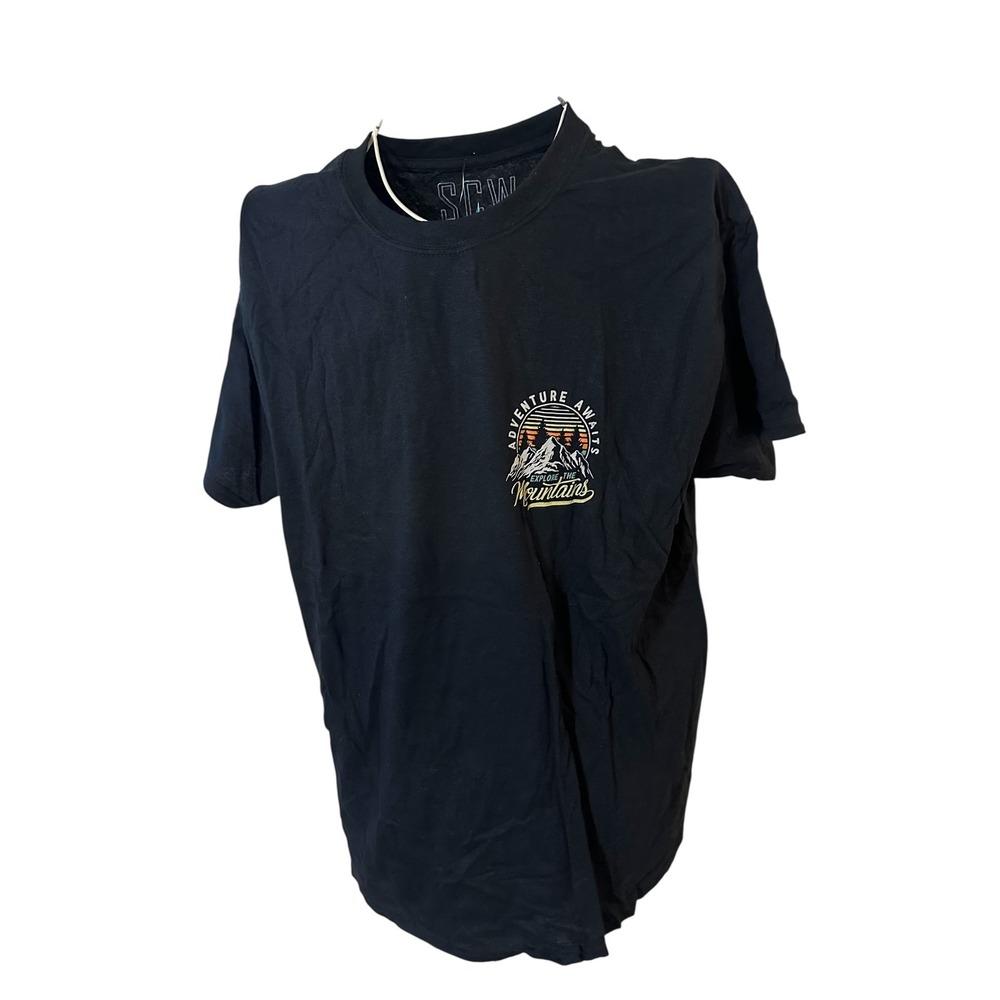 New SCW Men Adventure Awaits Explore the Mountains Graphic T-Shirt Black Large L